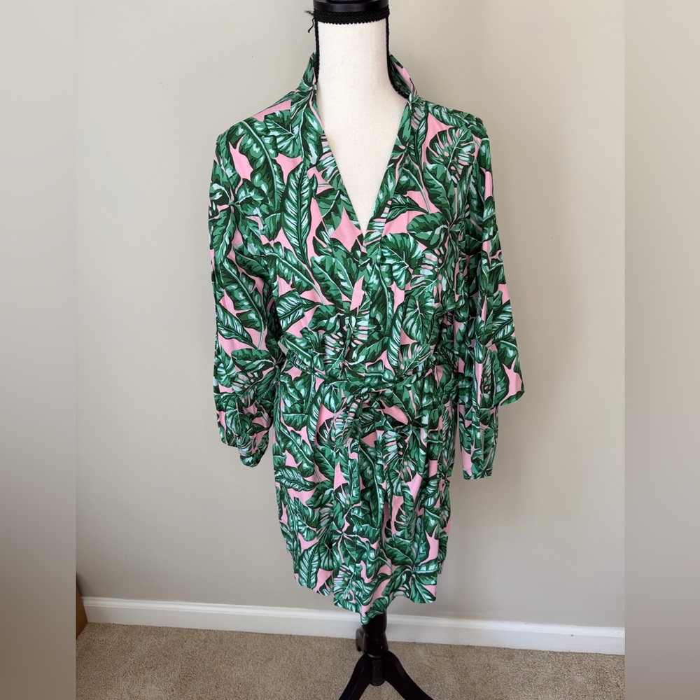 Kenny Flowers Green and Pink Leaf Swim Coverup Robe